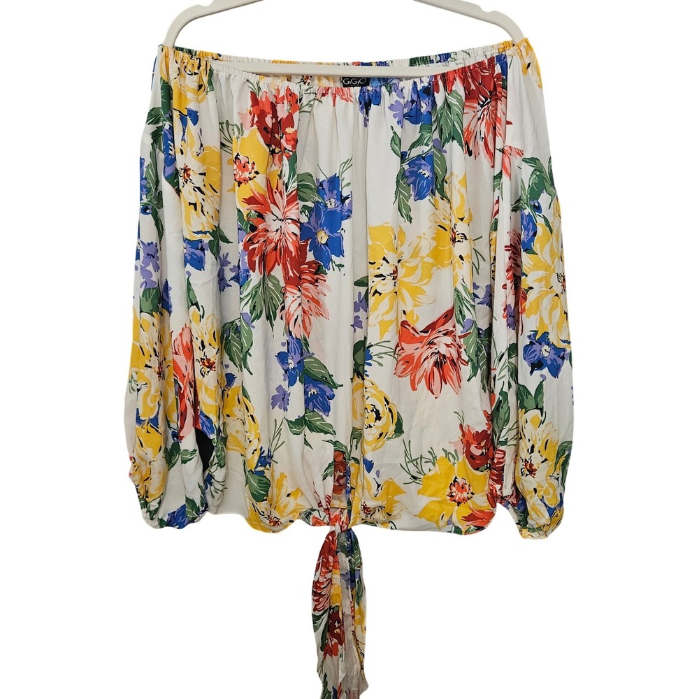 Gigio Boho Blouse Women Medium White Floral Off The Shoulder Tie Front Top  #284